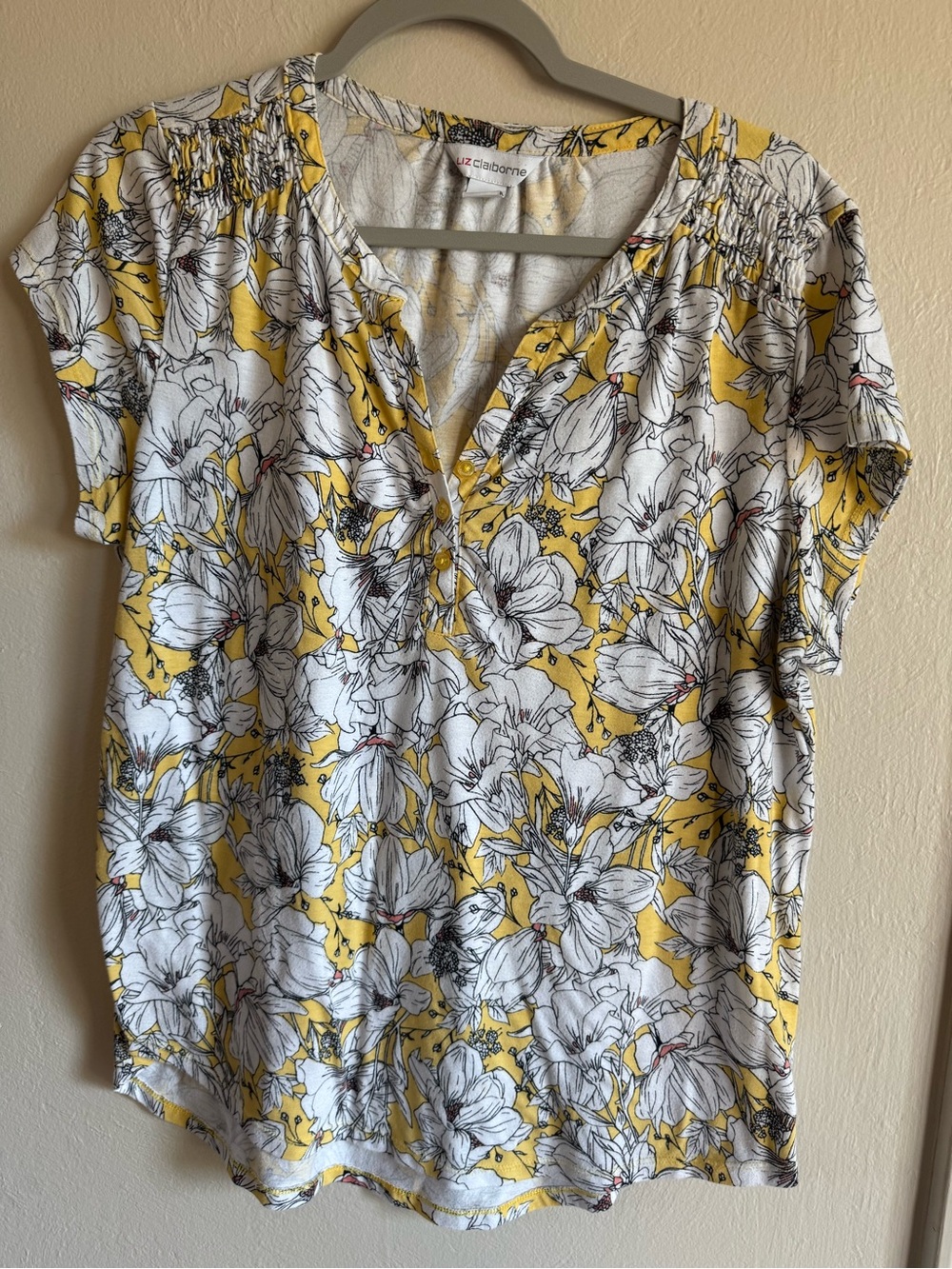 Liz Claiborne Yellow and White Floral Short-Sleeve Blouse